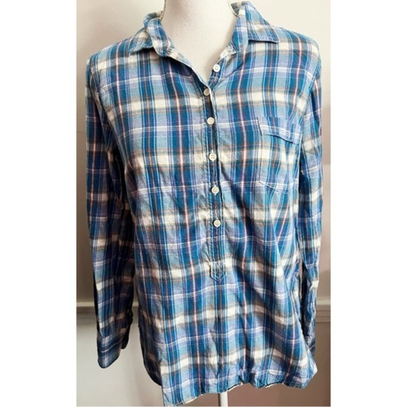 J. Crew • Blue White Plaid Half Button Down Shirt - Picture 1 of 4